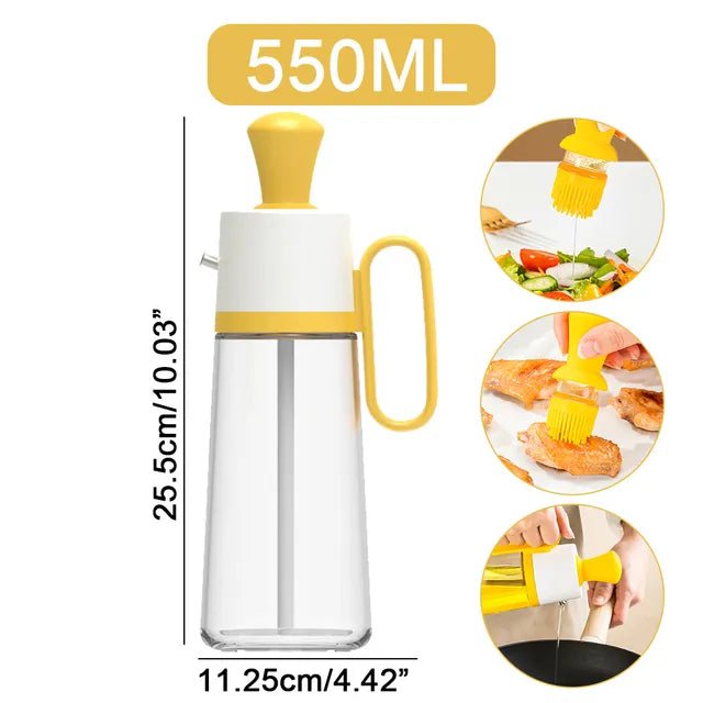 2 In 1 Oil Dispenser With Silicon Brush BBQ Oil Spray Glass Bottle Silicone for Barbecue Cooking Seasoning Bottle Kitchen Tool 550ml-yellow