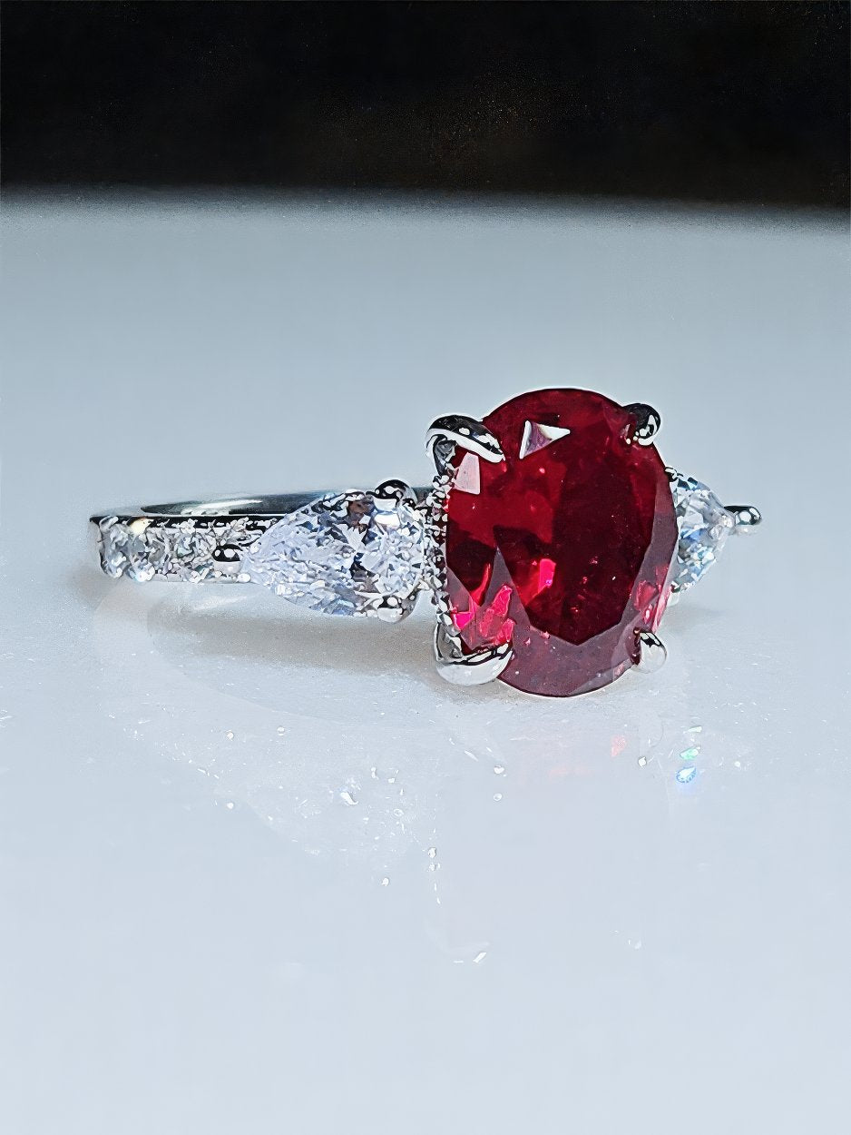 2.5 Ct Oval Cut Paved Crystals Lab Created Diamond Ruby Gemstone Ring