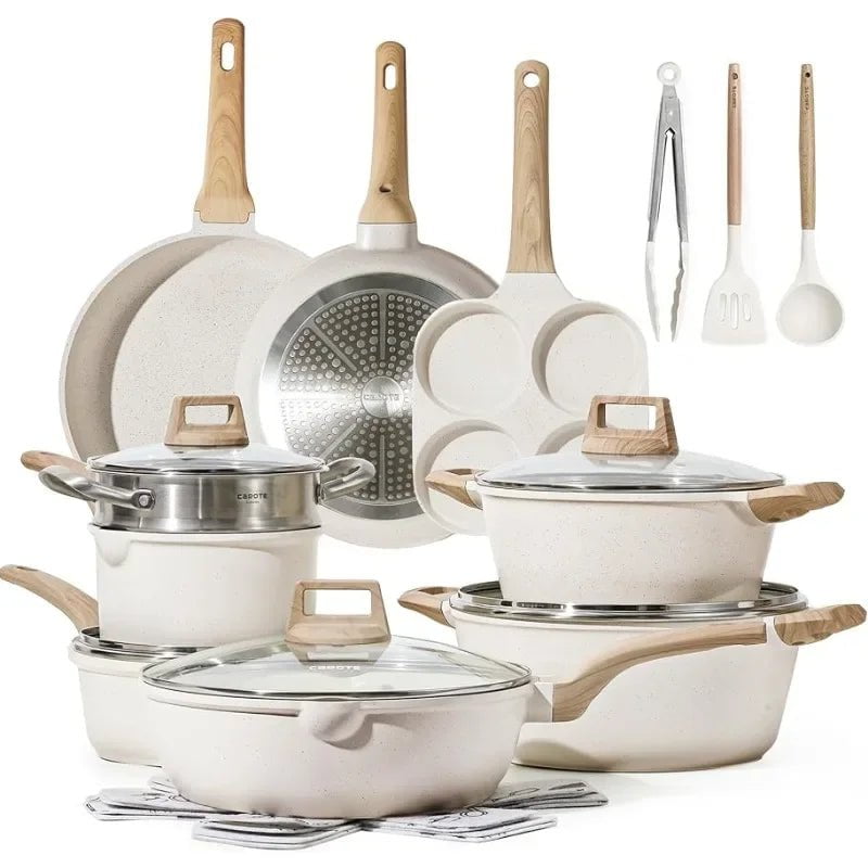 21Pcs Nonstick Cookware Set: White Granite, Induction Ready 21 Piece / United States