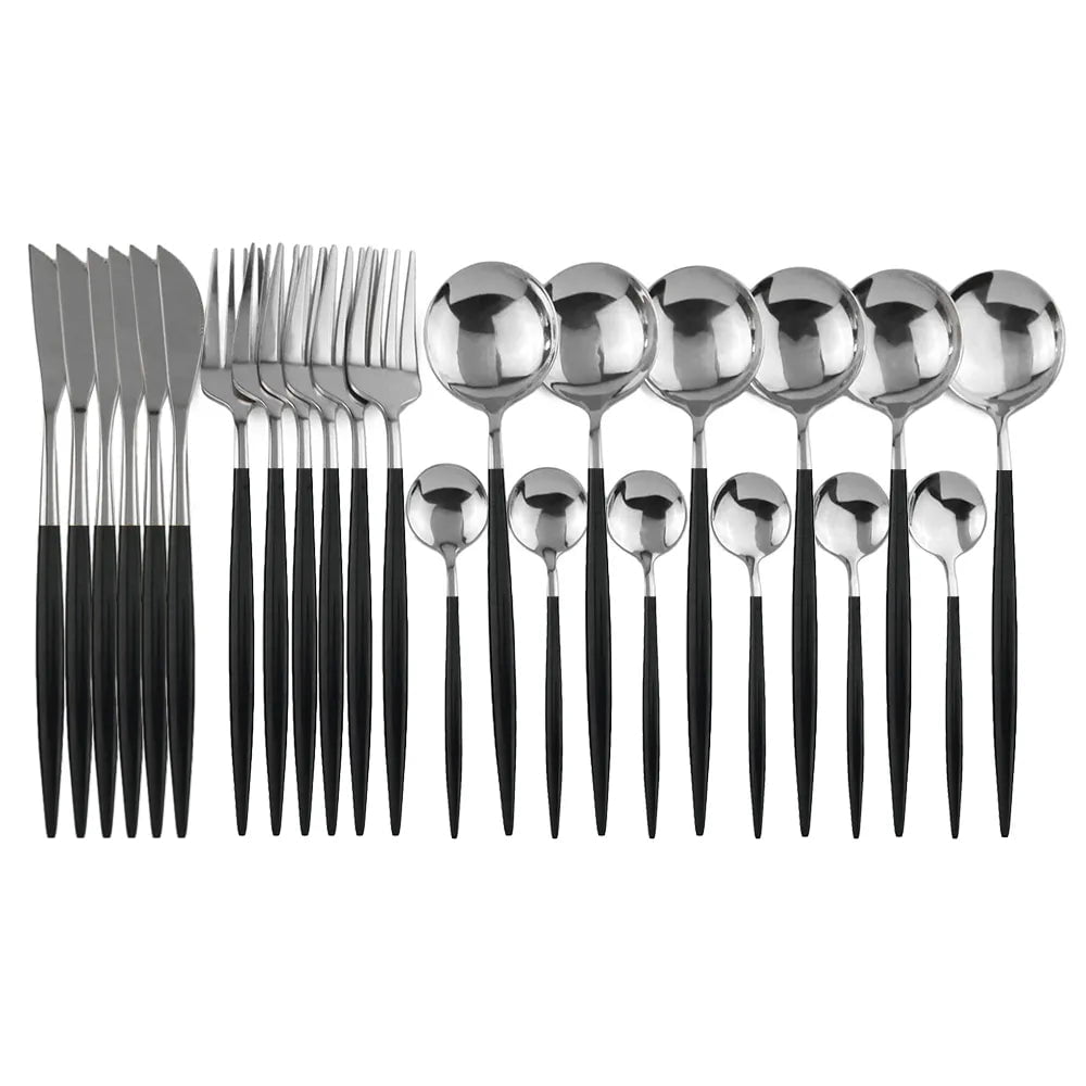 24Pcs Stainless Steel Cutlery Set 24Pcs Black Silver