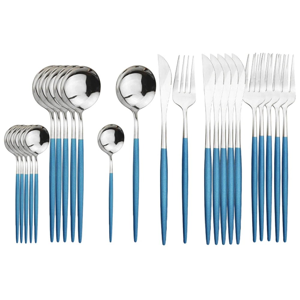 24Pcs Stainless Steel Cutlery Set 24Pcs Blue Silver