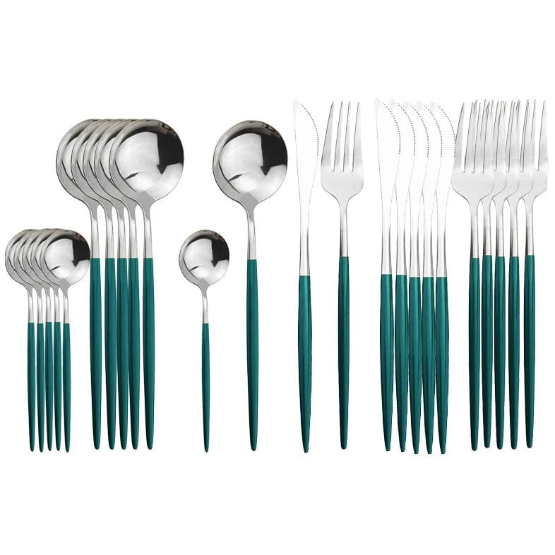 24Pcs Stainless Steel Cutlery Set 24Pcs Green Silver