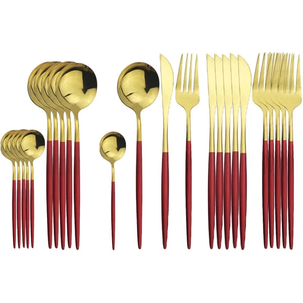 24Pcs Stainless Steel Cutlery Set 24Pcs Red Gold