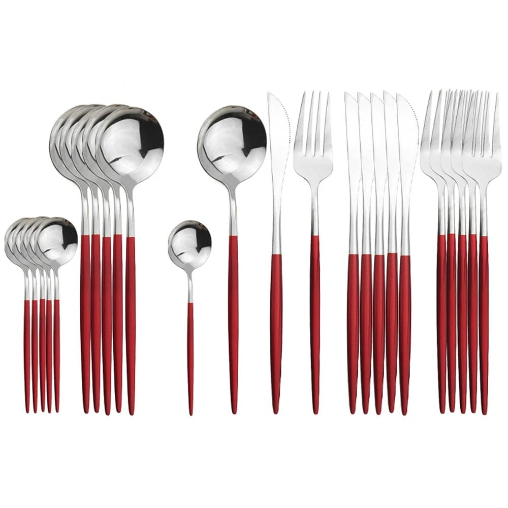 24Pcs Stainless Steel Cutlery Set 24Pcs Red Silevr