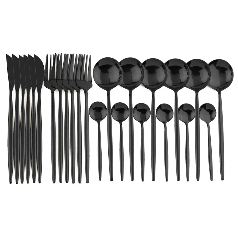 24Pcs Stainless Steel Cutlery Set Black