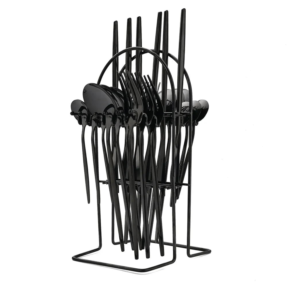 24Pcs Stainless Steel Cutlery Set Black with Frame