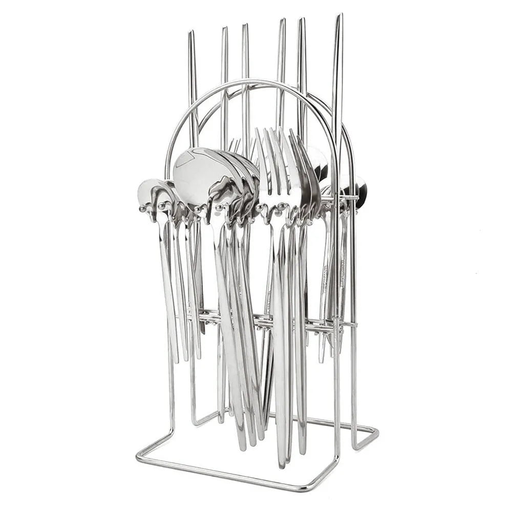 24Pcs Stainless Steel Cutlery Set Silver with Frame
