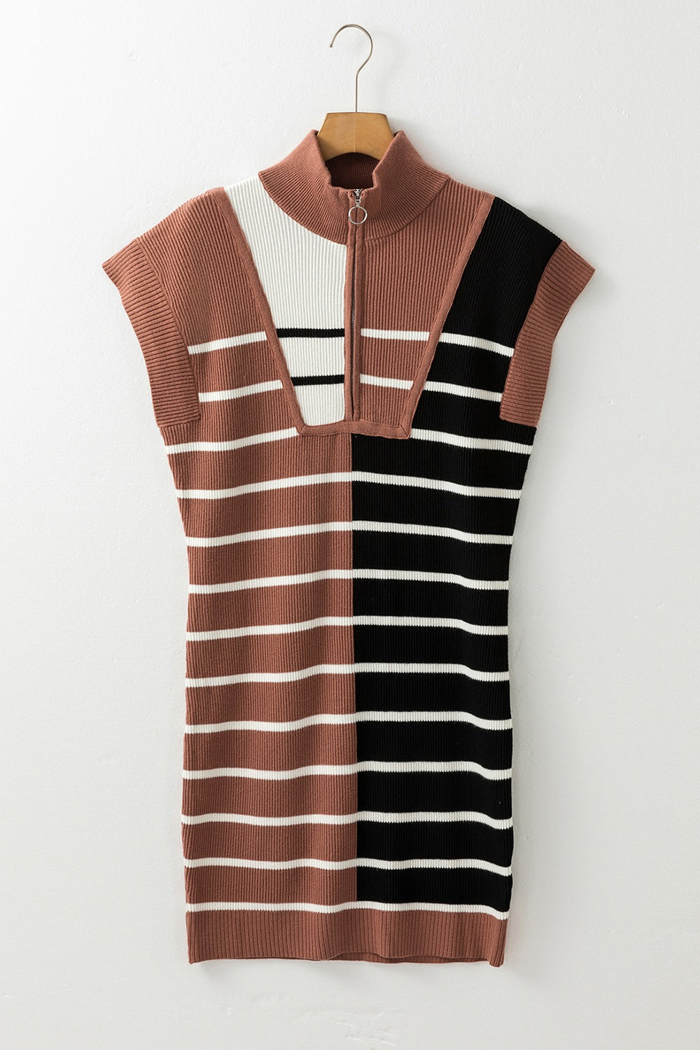 Striped Quarter Zip Cap Sleeve Sweater Dress