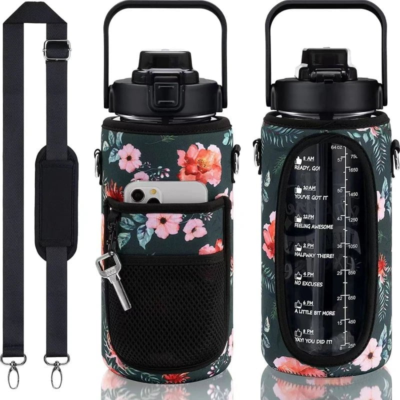 2L Water Bottle Cover Insulator Sleeve Bag Tumbler Bottle Case Bag With Strap Portable For Camping Outdoor Sports Drinkware Bag Black Flower