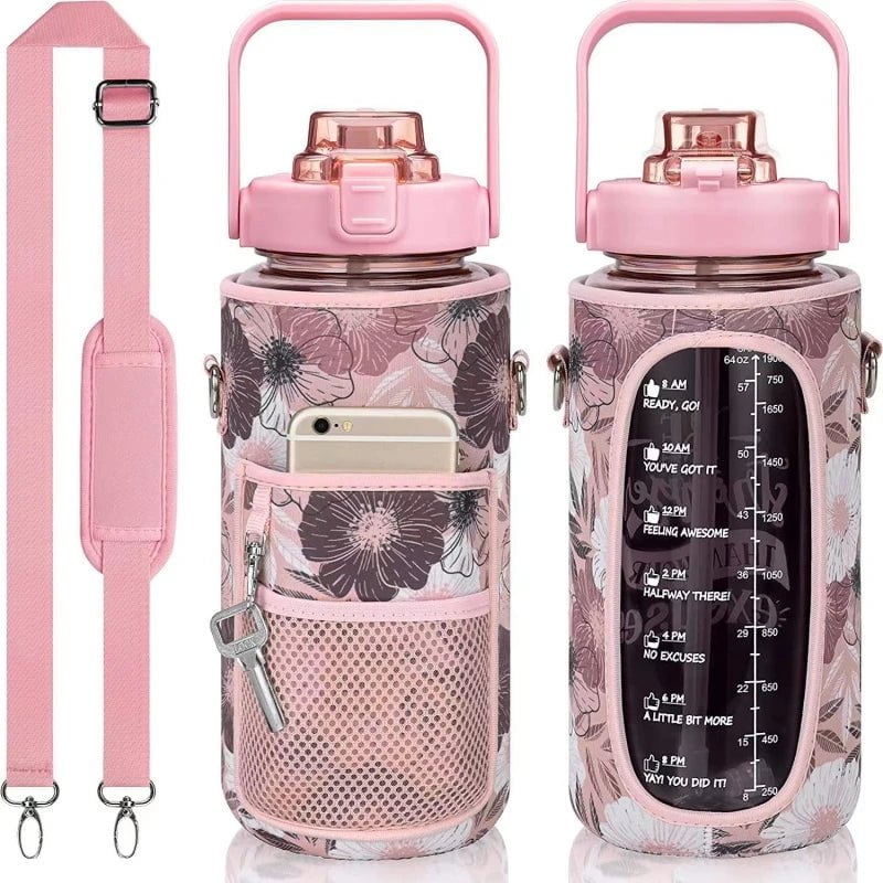 2L Water Bottle Cover Insulator Sleeve Bag Tumbler Bottle Case Bag With Strap Portable For Camping Outdoor Sports Drinkware Bag Pink Flower