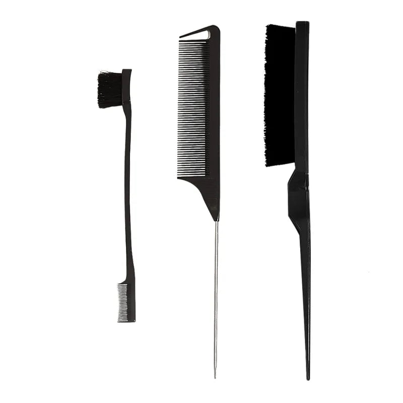 3-10pcs Hair Styling Comb Set Teasing Hair Brush Triple Teasing Comb Rat Tail Combs Edge Brush Hair Tail Tools Braid Tool Loop Black 3Pcs