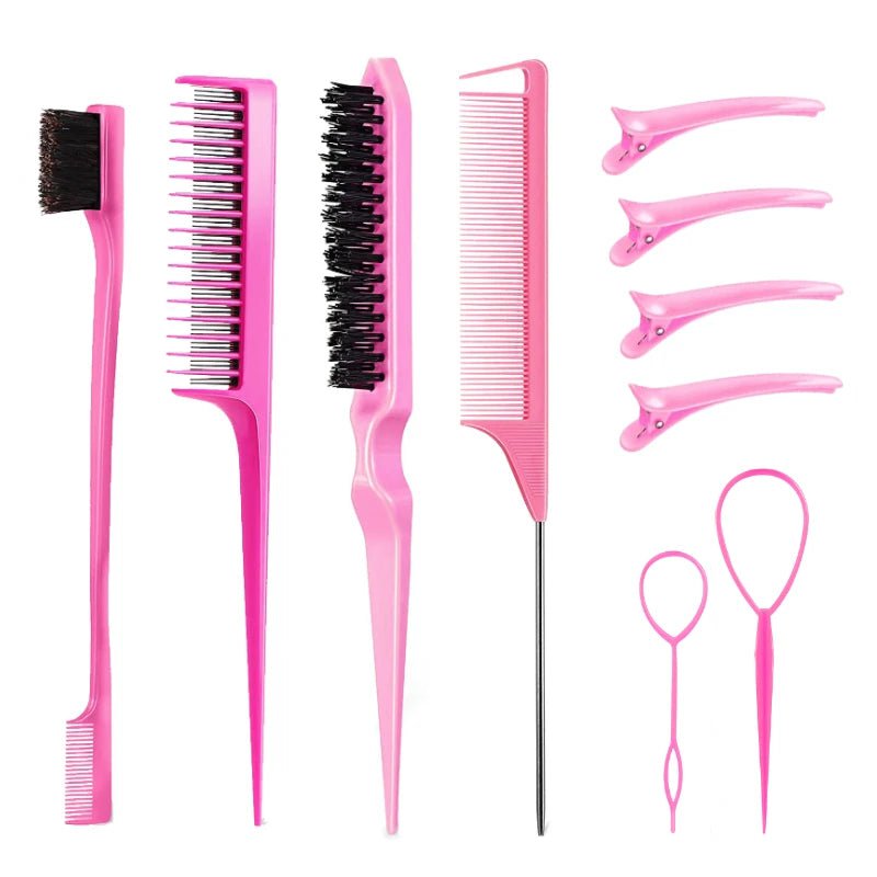 3-10pcs Hair Styling Comb Set Teasing Hair Brush Triple Teasing Comb Rat Tail Combs Edge Brush Hair Tail Tools Braid Tool Loop Pink 10Pcs