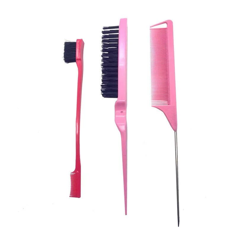 3-10pcs Hair Styling Comb Set Teasing Hair Brush Triple Teasing Comb Rat Tail Combs Edge Brush Hair Tail Tools Braid Tool Loop Pink 3Pcs