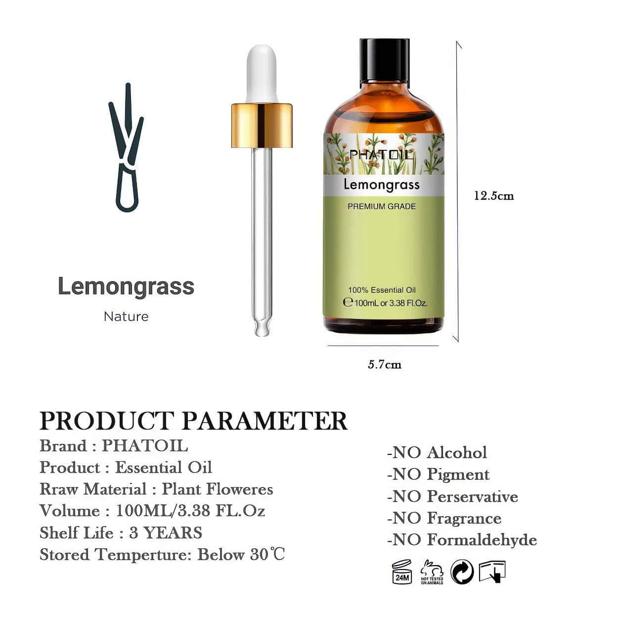 3.4oz 100ml Lemongrass Aromatic Essential Oil: Natural Mint, Citronella, Tea Tree, Vanilla, Juniper, Geranium, Chamomile, Jojoba Oil