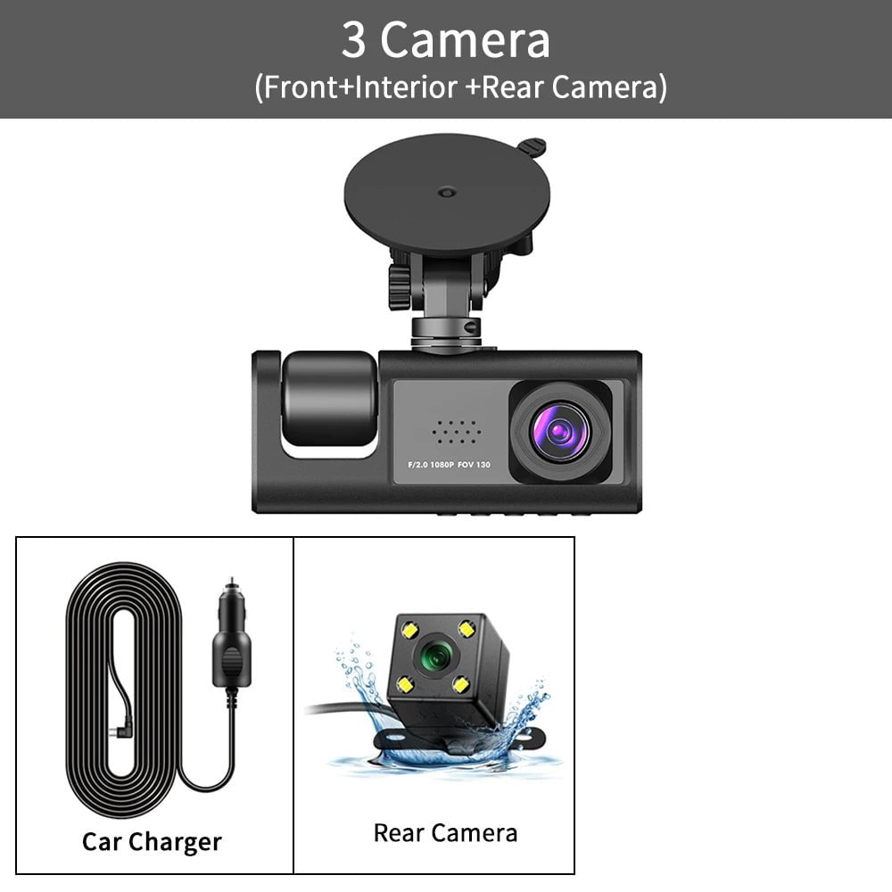 3-Channel Car DVR: HD 1080P 3-Lens Inside Vehicle Dash Cam, Three-Way Camera DVRs Recorder 3 Camera / 128G