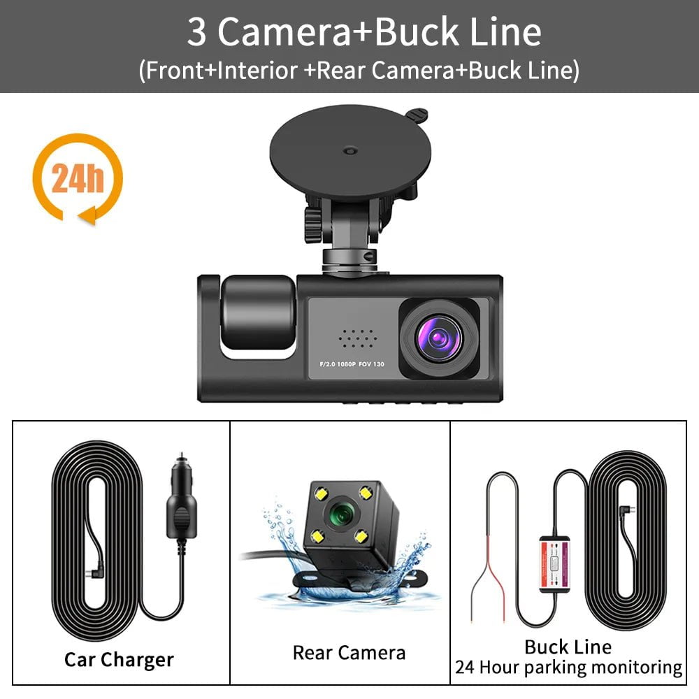 3-Channel Car DVR: HD 1080P 3-Lens Inside Vehicle Dash Cam, Three-Way Camera DVRs Recorder 3 Camera-BL / None