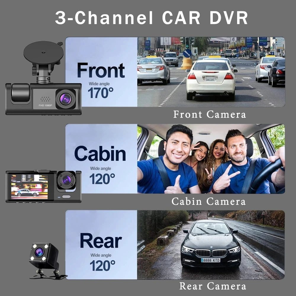 3-Channel Car DVR: HD 1080P 3-Lens Inside Vehicle Dash Cam, Three-Way Camera DVRs Recorder