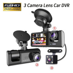 3-Channel Car DVR: HD 1080P 3-Lens Inside Vehicle Dash Cam, Three-Way Camera DVRs Recorder