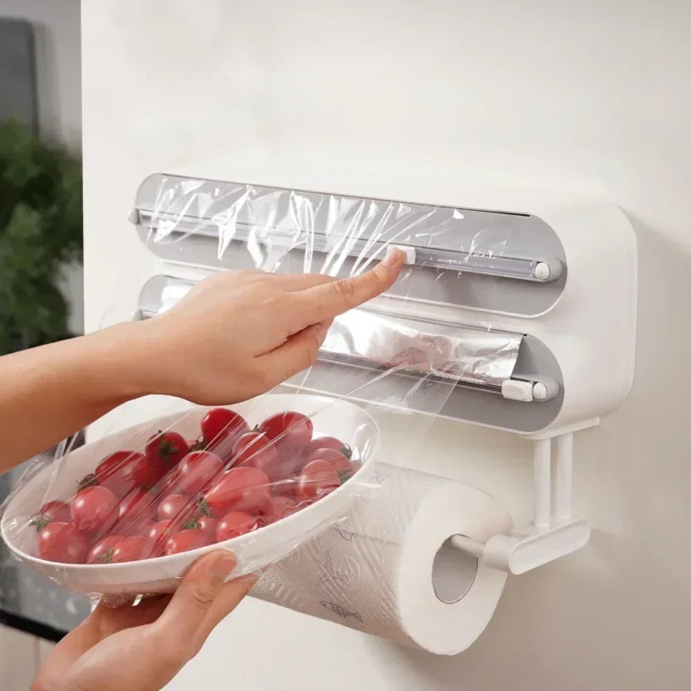 3-in-1 Aluminum Film Wrap Cutter - Wall-Mount Paper Towel Holder, Cling Film Cutting Holder, Plastic Wrap Dispenser, Kitchen Organizer