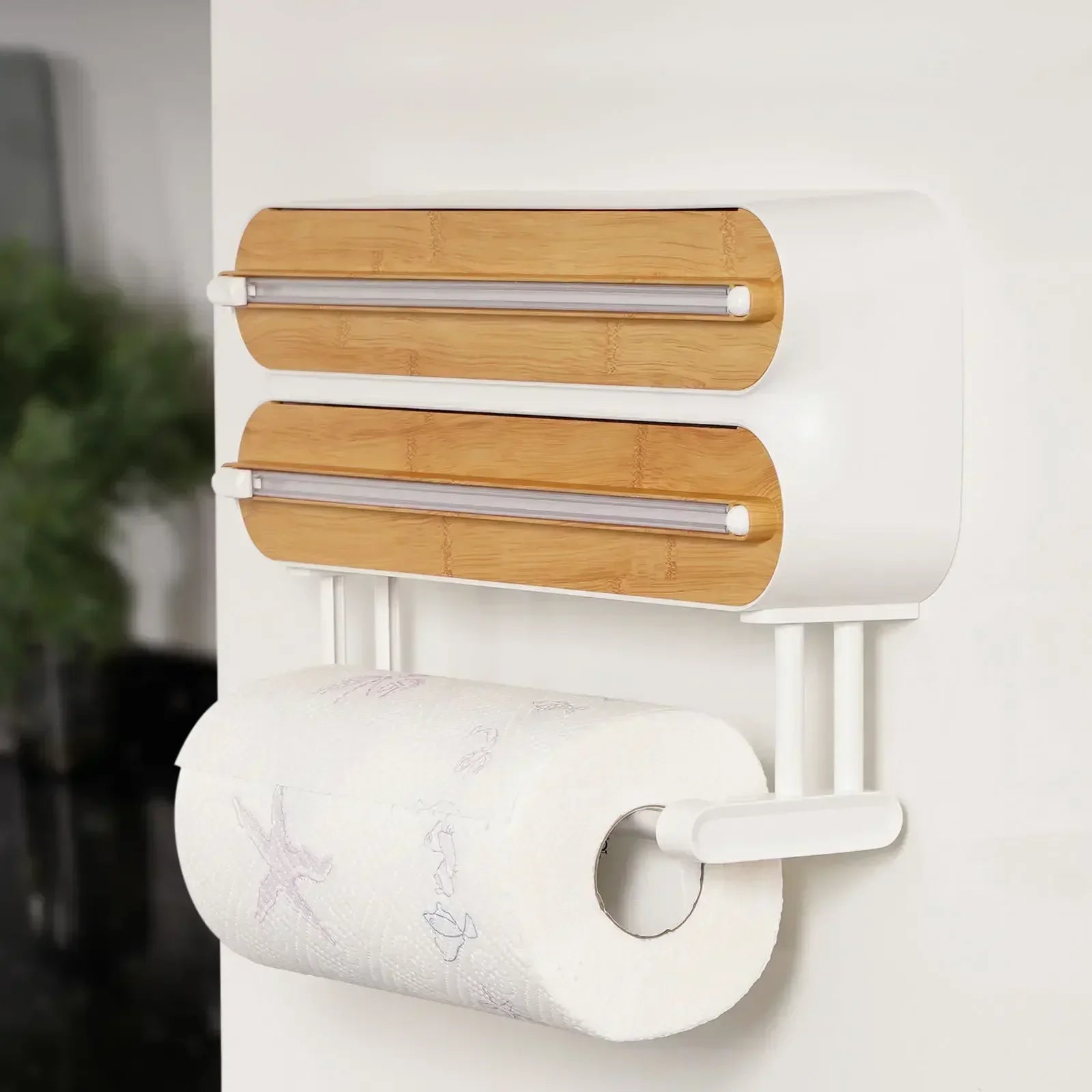 3 In 1 Aluminum Film Wrap Cutter WallMount Paper Towel Holder Cling Film Cutting Holder Plastic Wrap Dispenser Kitchen Organizer B / CN