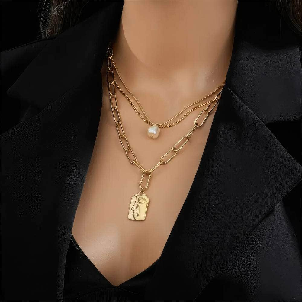 3-Layer Pearl Square Portrait Pendant Necklace - Punk Street Trend Chain Neck Jewelry for Women N1796