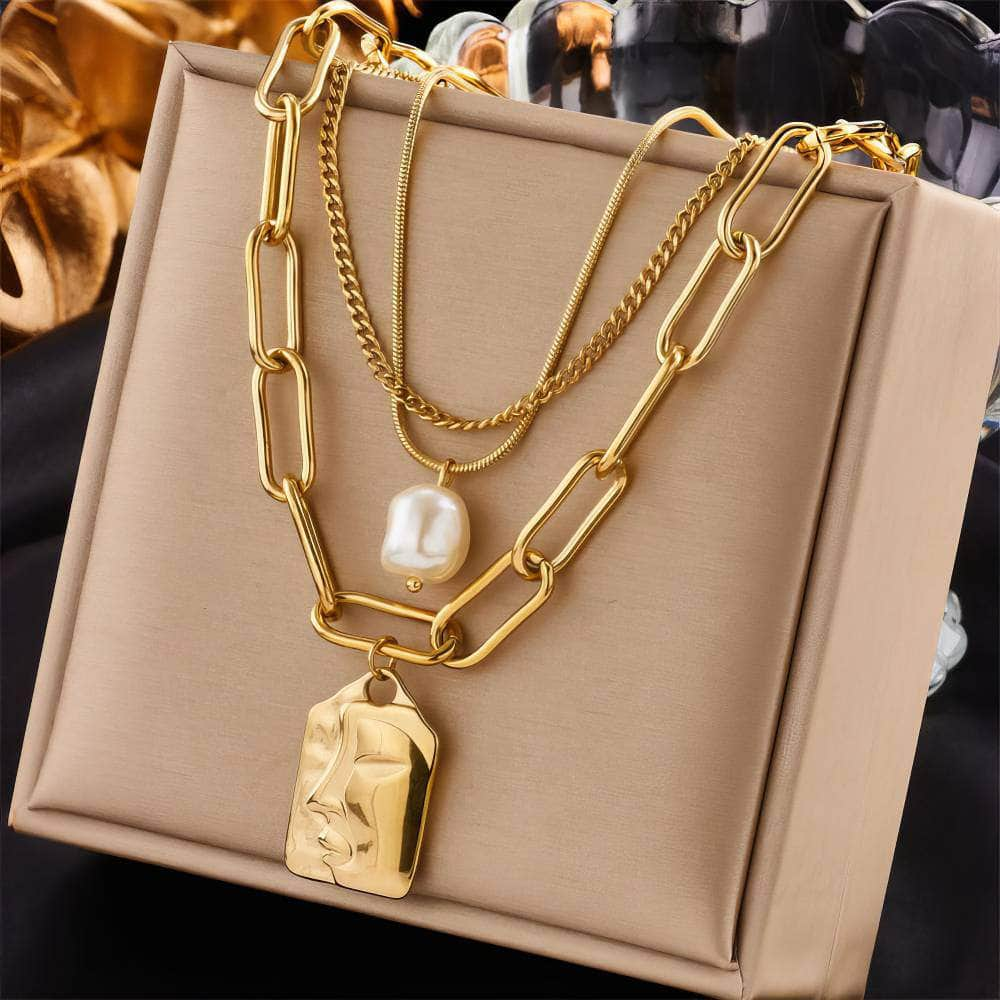 3-Layer Pearl Square Portrait Pendant Necklace - Punk Street Trend Chain Neck Jewelry for Women N1796