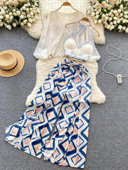 3 Piece Lantern Sleeves Pullover Tassel Cami Top High Waist Geometry Pants S / Blue