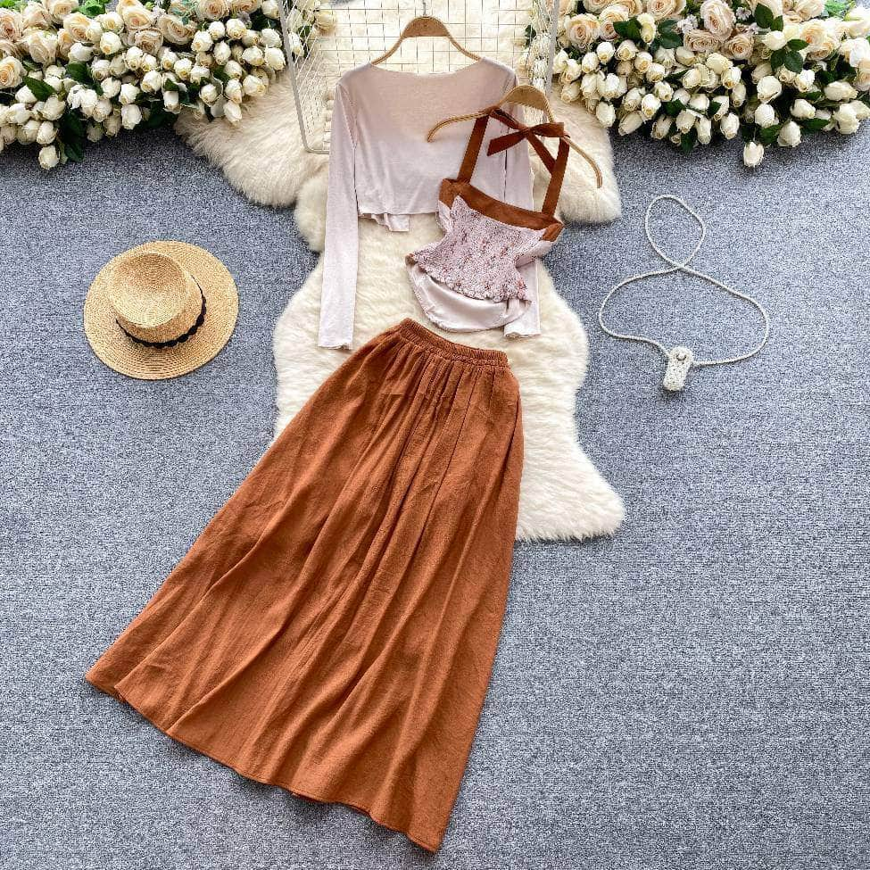 3 Piece Long Sleeves Cardigan Cami High Waist Skirt Set