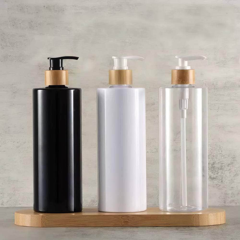 300/500ML Bamboo Pump Dispenser - Bathroom PET Dish Soap Bottle, Lotion Refillable Shower Gel Liquid Frosted Container 300ml clear