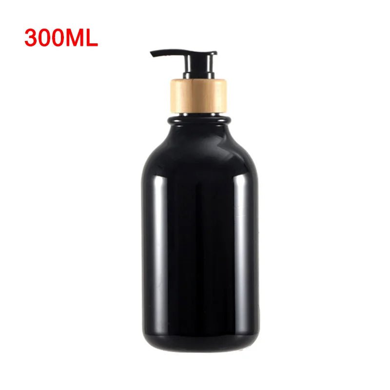 300/500ml Soap Pump Dispenser Bathroom Shampoo Kitchen Dish Wood Pump Bottle Refill Shower Gel Hand Liquid Storage Container Glossy Black 300ml