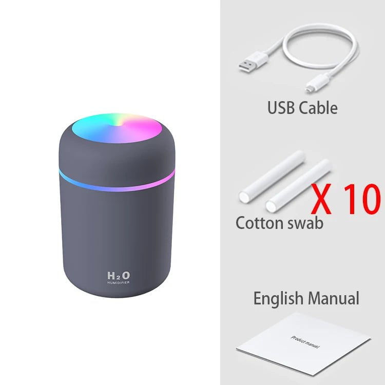 300ml Portable Mini USB Aroma Diffuser - Cool Mist Humidifier for Bedroom, Home, Car, Plants - H2O Air Purifier Grey 10 Filters