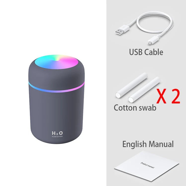 300ml Portable Mini USB Aroma Diffuser - Cool Mist Humidifier for Bedroom, Home, Car, Plants - H2O Air Purifier Grey 2 Filters