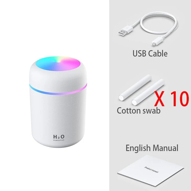 300ml Portable Mini USB Aroma Diffuser - Cool Mist Humidifier for Bedroom, Home, Car, Plants - H2O Air Purifier White 10 Filters