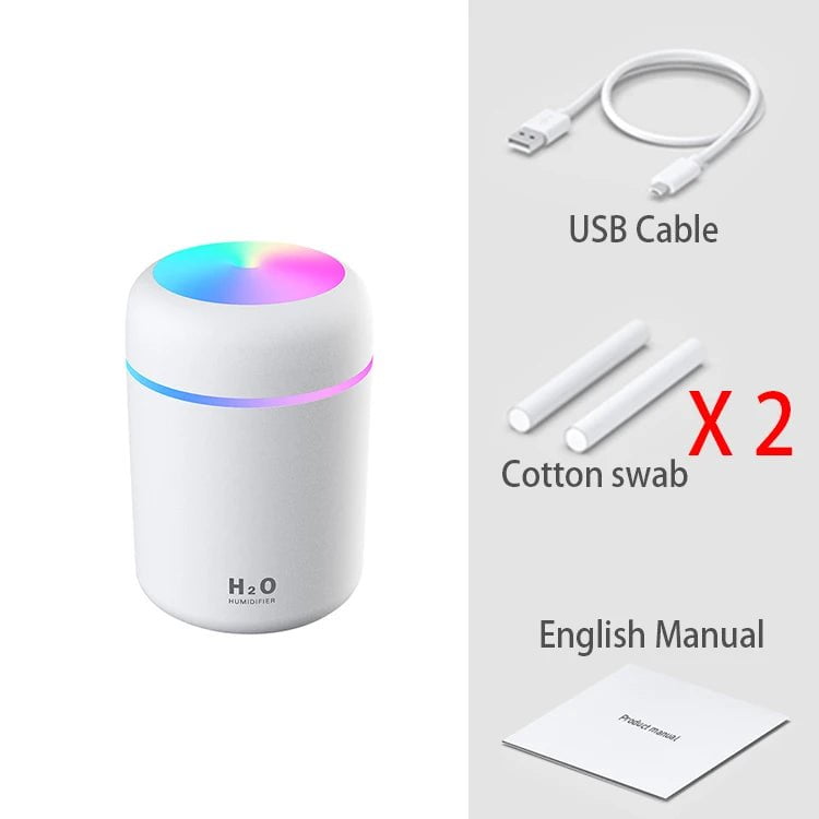 300ml Portable Mini USB Aroma Diffuser - Cool Mist Humidifier for Bedroom, Home, Car, Plants - H2O Air Purifier White 2 Filters