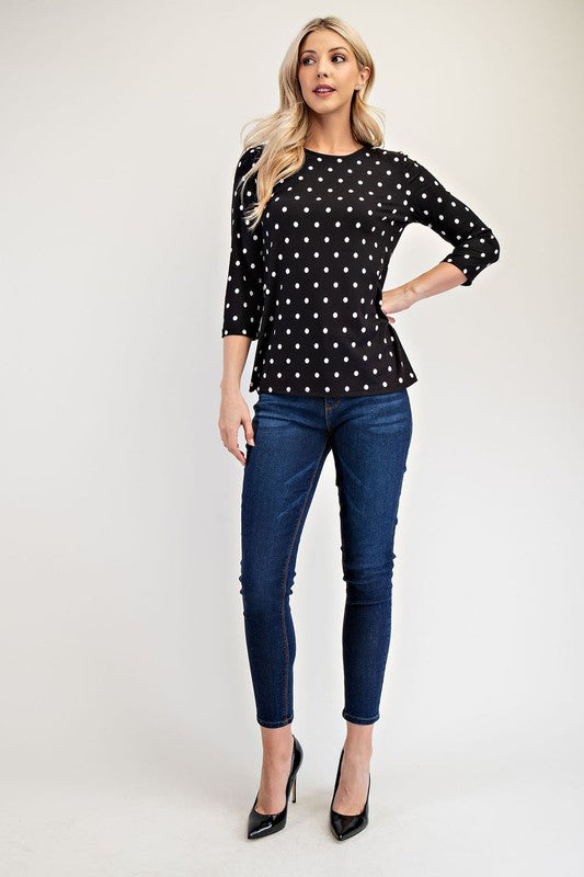 Celeste Full Size Polka Dot Round Neck Three-Quarter Sleeve T-Shirt