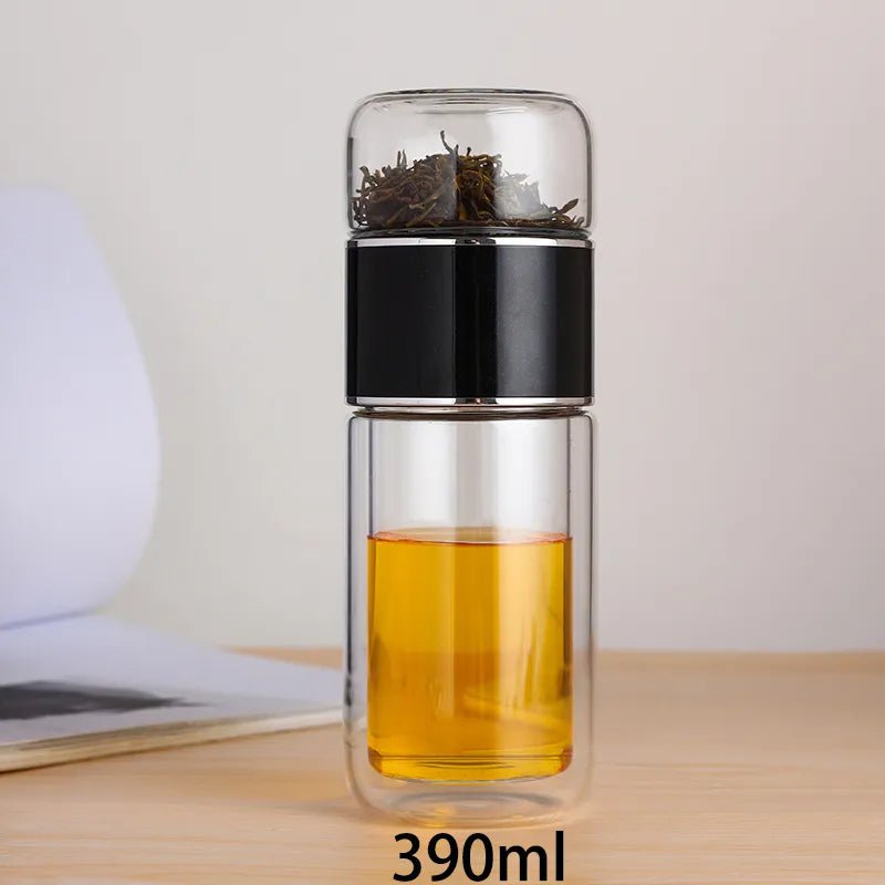 390ml Double-Layered High Borosilicate Glass Tea Water Bottle with built-in tea filter black / 390ml