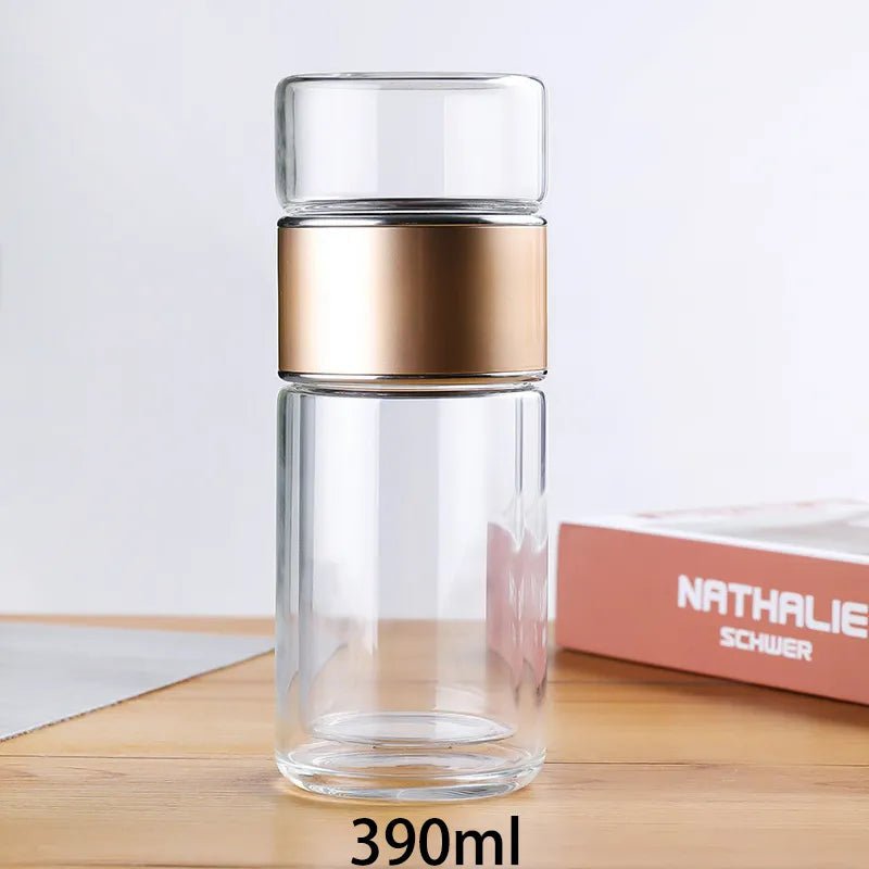 390ml Double-Layered High Borosilicate Glass Tea Water Bottle with built-in tea filter gold / 390ml