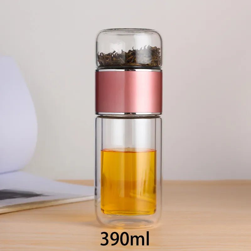 390ml Double-Layered High Borosilicate Glass Tea Water Bottle with built-in tea filter pink / 390ml