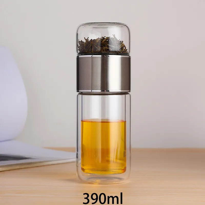 390ml Double-Layered High Borosilicate Glass Tea Water Bottle with built-in tea filter silver / 390ml