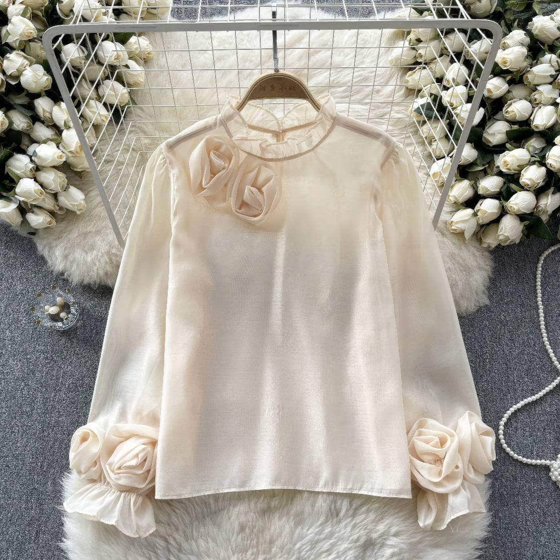 3D Floral Detailed Sheer Mesh Lantern Sleeves Blouse