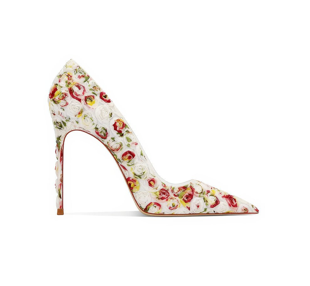 3D Floral Embroidered Pointy Toe High Heels