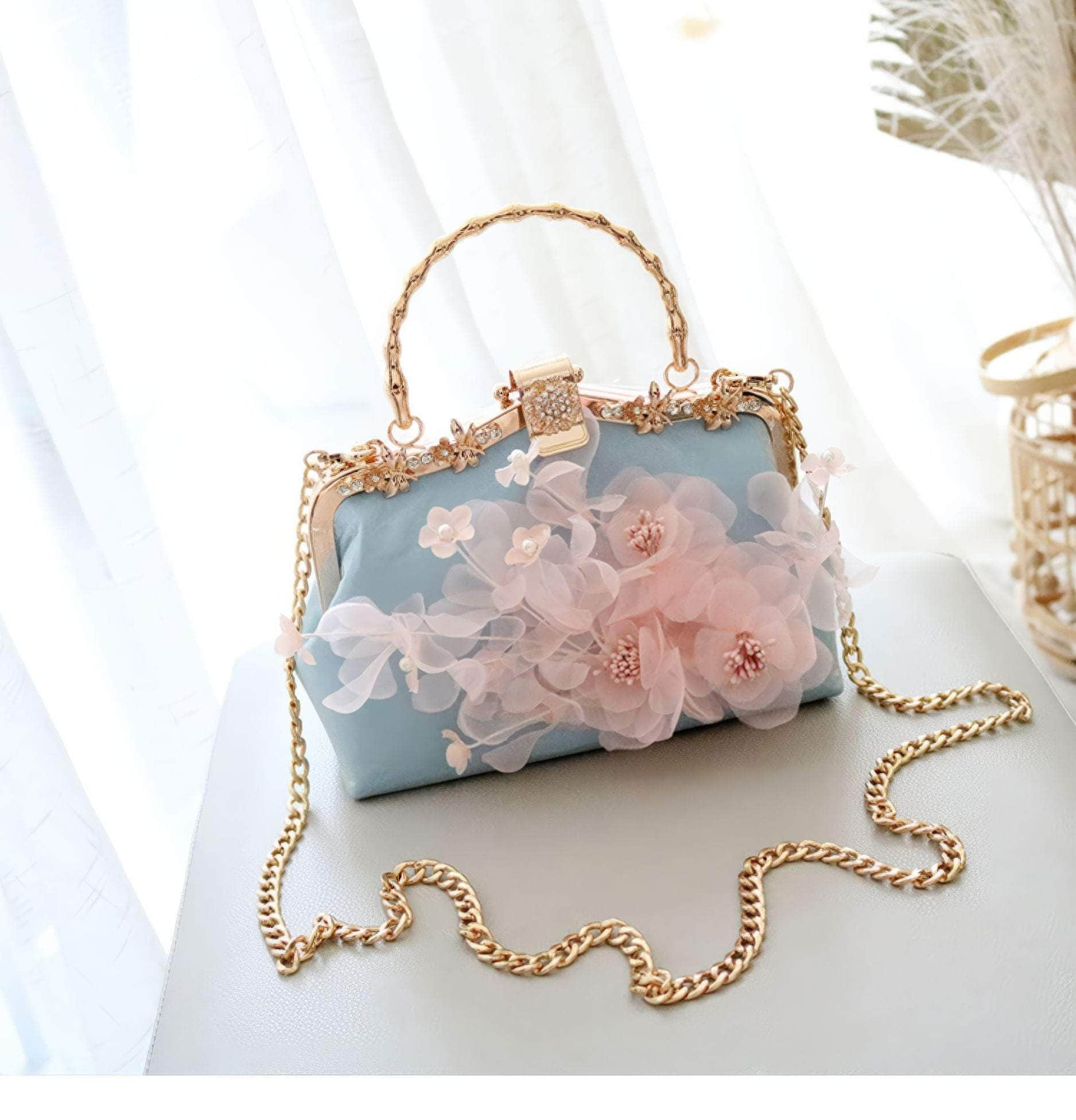 3D Floral Blue Party Clutch Purse