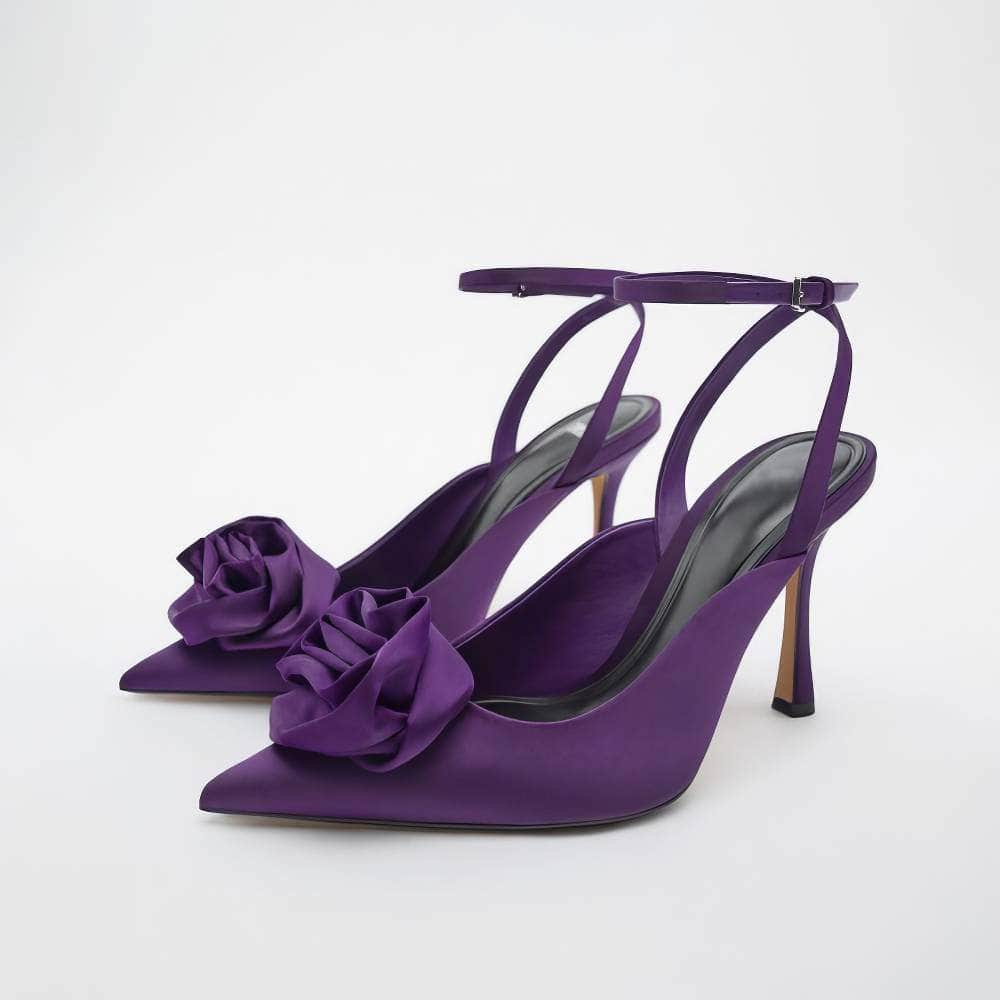 3D Floral Detailed Pump Ankle Strap Heels EU 34 / Purple / 8CM