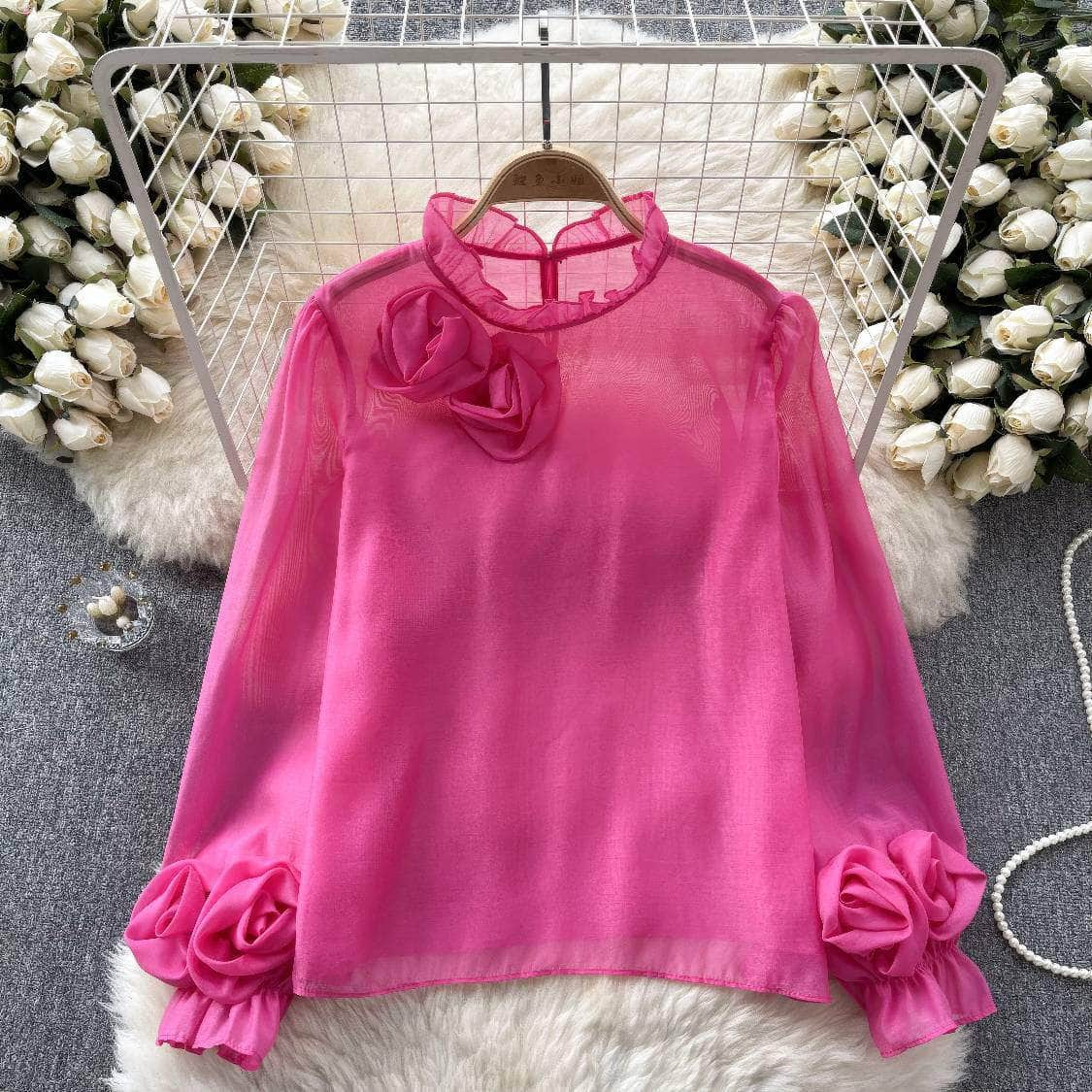 3D Floral Detailed Sheer Mesh Lantern Sleeves Blouse