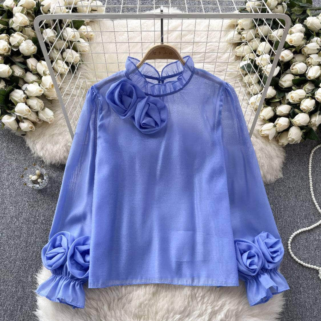 3D Floral Detailed Sheer Mesh Lantern Sleeves Blouse