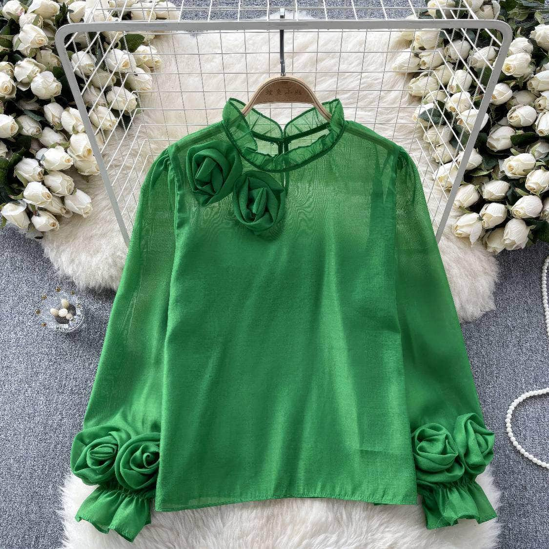 3D Floral Detailed Sheer Mesh Lantern Sleeves Blouse