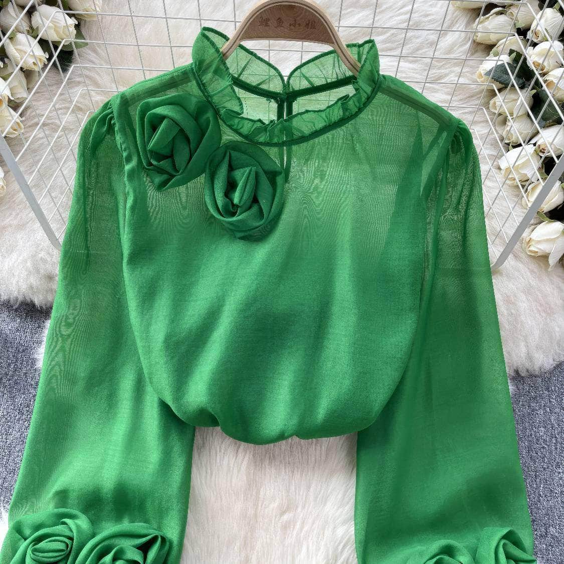 3D Floral Detailed Sheer Mesh Lantern Sleeves Blouse