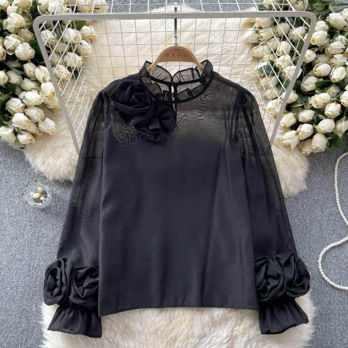 3D Floral Detailed Sheer Mesh Lantern Sleeves Blouse