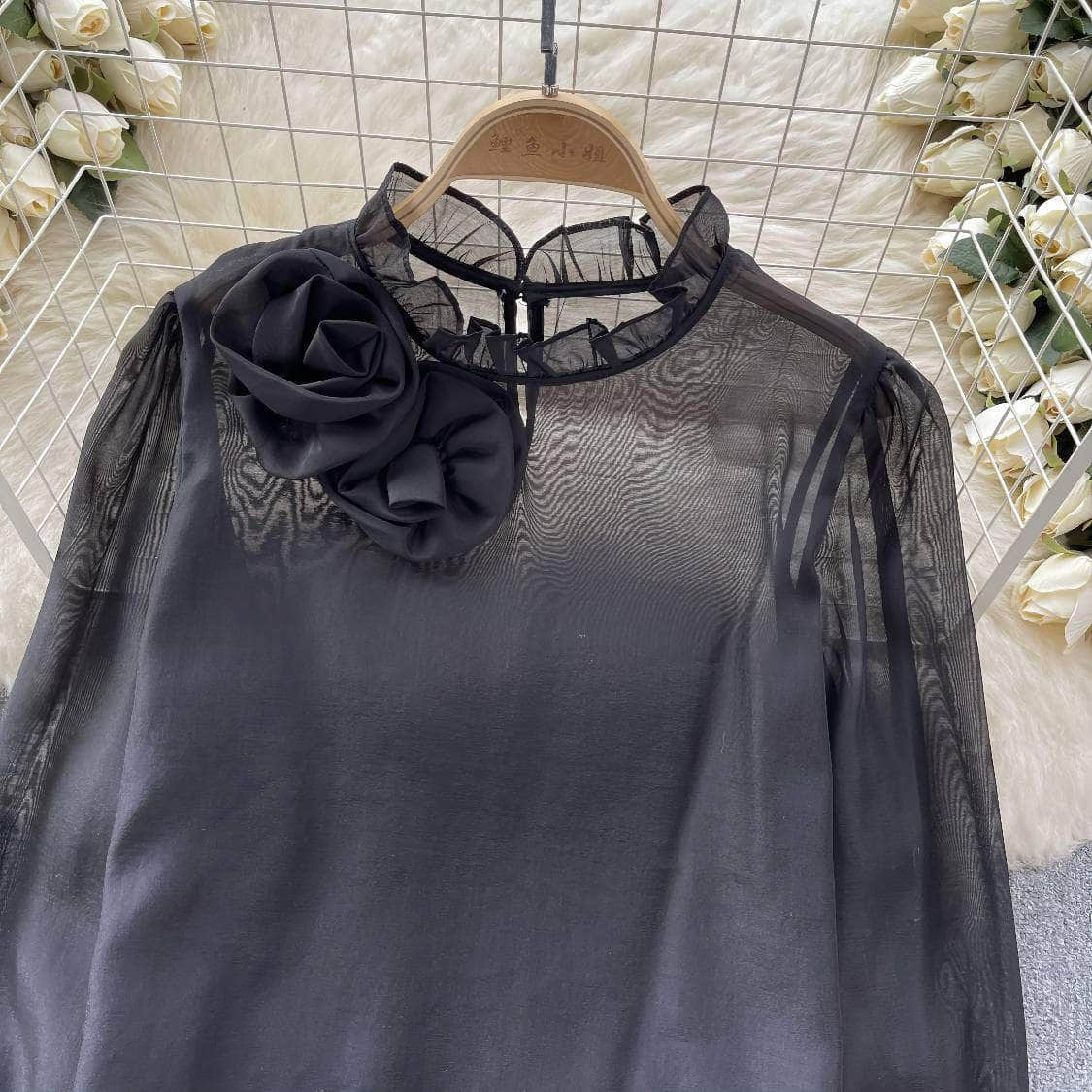 3D Floral Detailed Sheer Mesh Lantern Sleeves Blouse