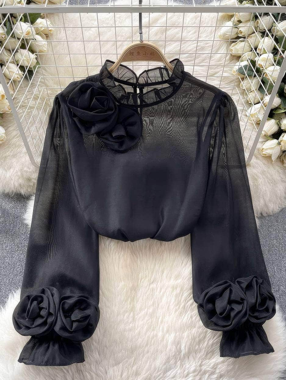 3D Floral Detailed Sheer Mesh Lantern Sleeves Blouse MAX SIZE / Black